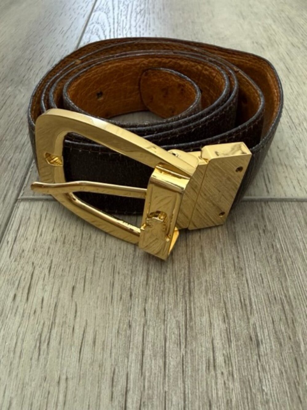 VTG Mark Cross Dark Brown Ostrich Lined Leather Belt Italy Greyhound Crest Sz 35